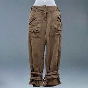 Y2K Grunge MNG Mango Brown Cargo Capri Pants Floral Embroidery Buckle Hem Size 2
